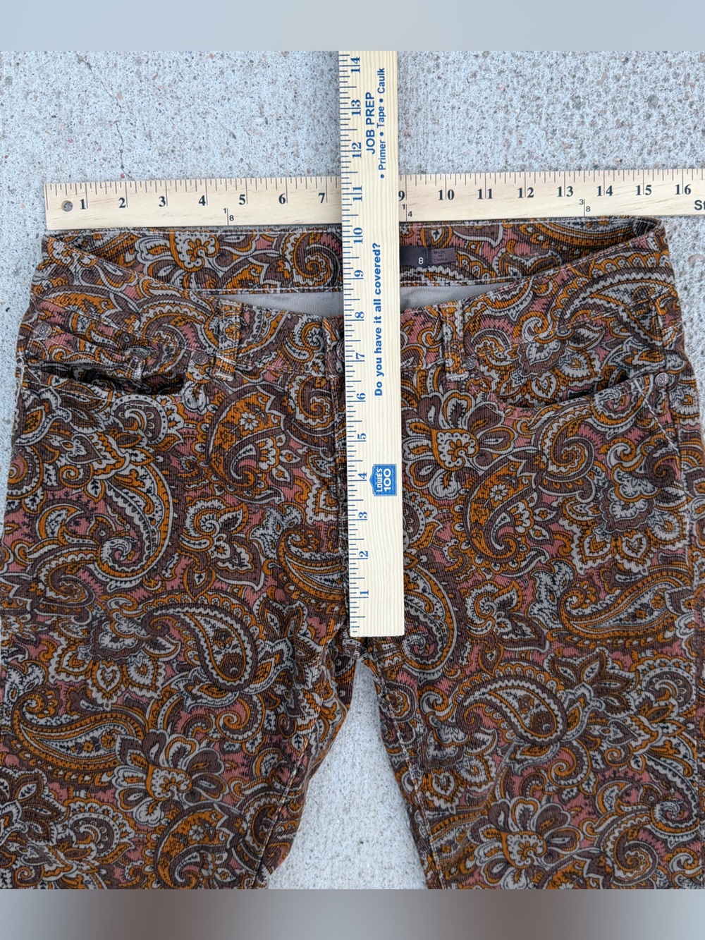 prAna Trinity Paisley Corduroy Pants Low Rise Skinny Trousers 8 Brown Boho EUC - Picture 3 of 12